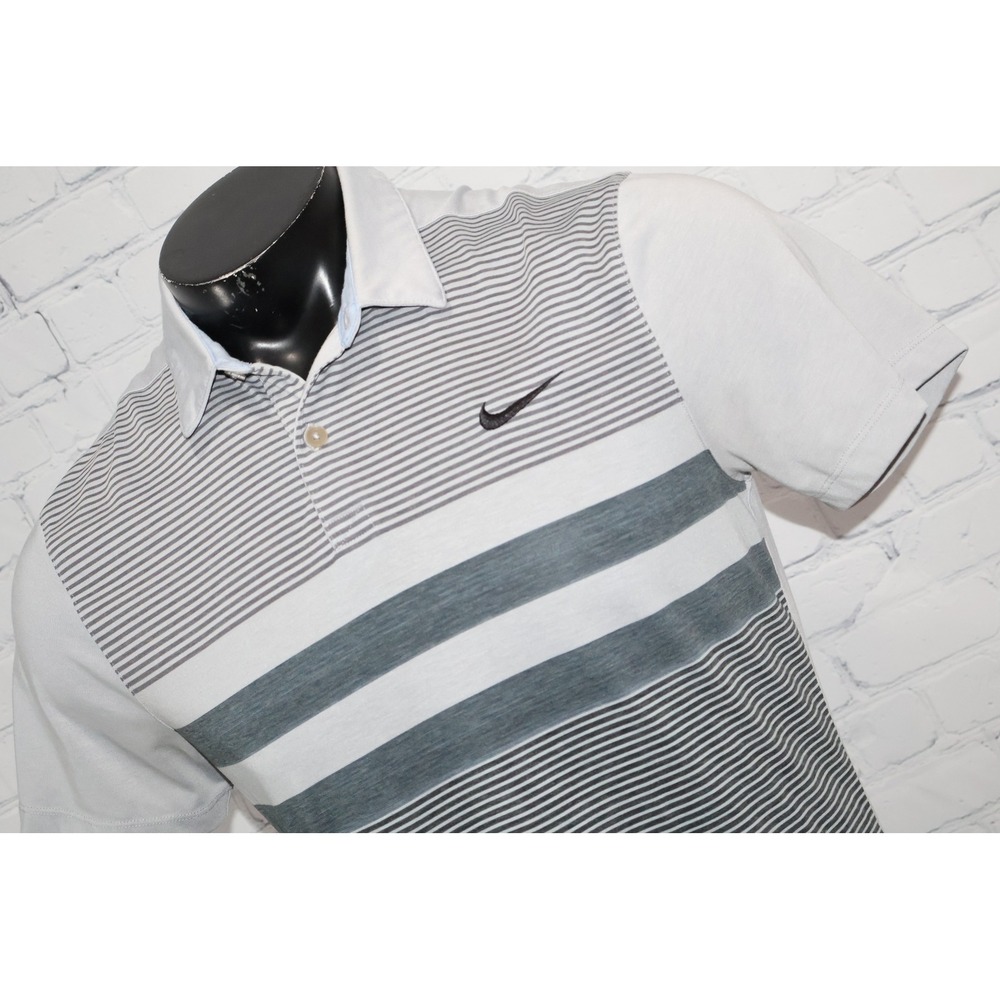 Nike Golf Polo Boys Teens Medium Gray Striped Short Sleeve Modern Fit Dri-Fit
